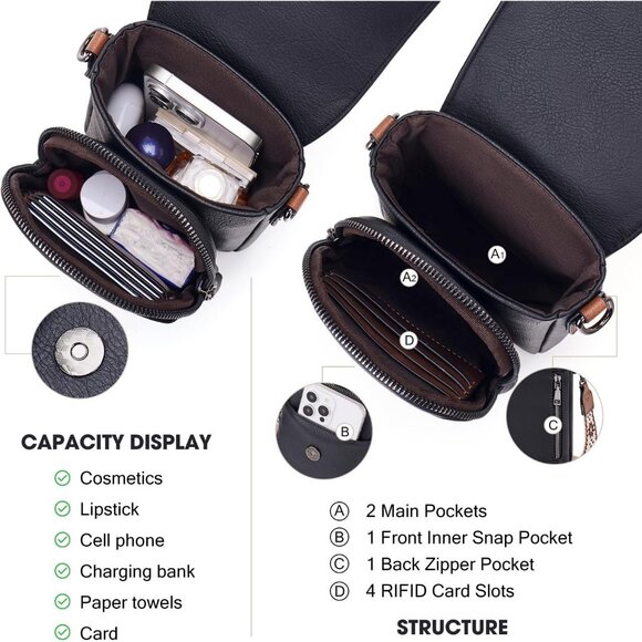 Womens A-black Brown Leather Purses Imported Magnetic Snap Crossbody Zipper Bag - Picture 3 of 6